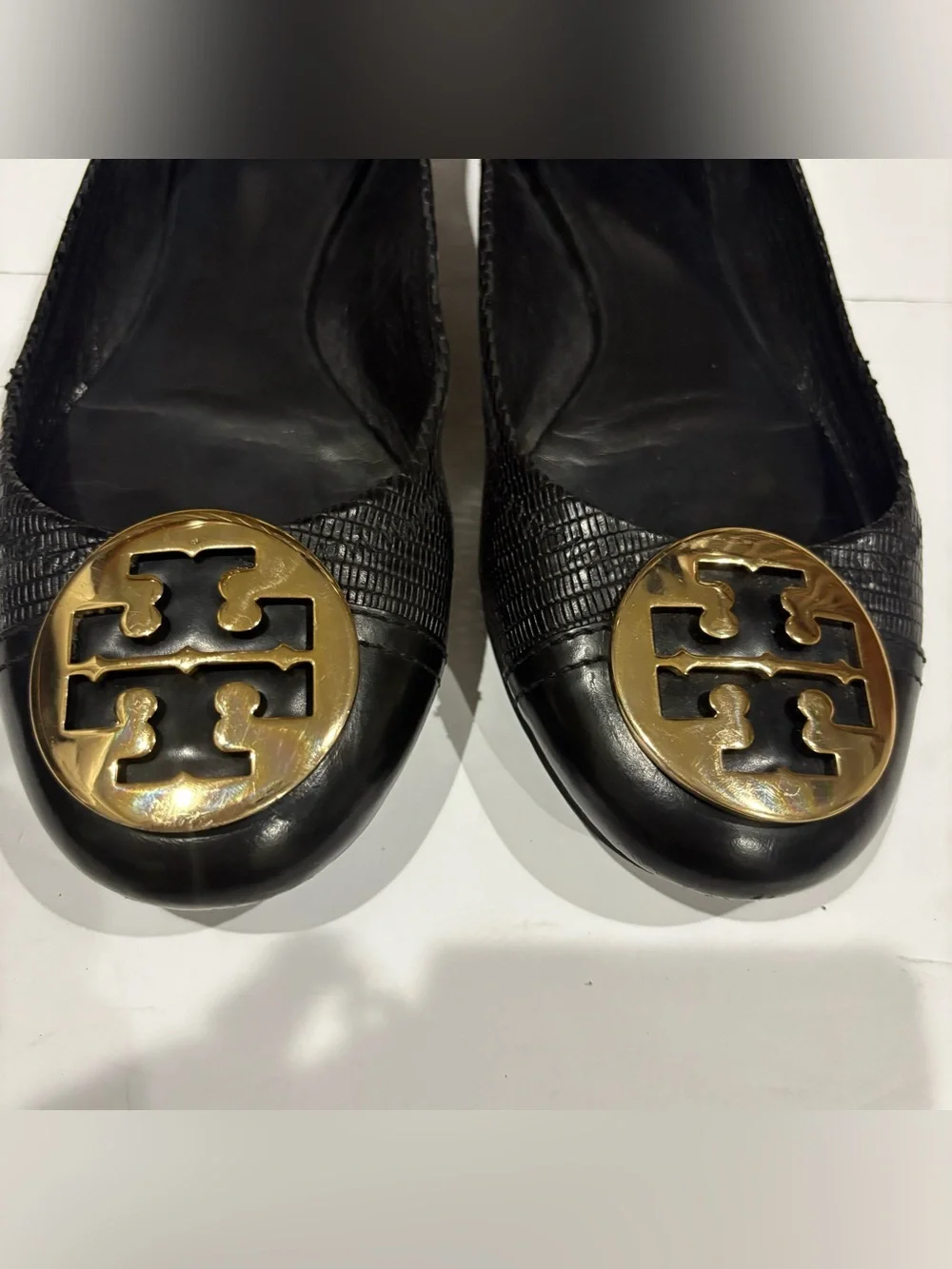 Tory Burch Black Leather Logo Cap-Toe Ballet Flats with Gold Emblem